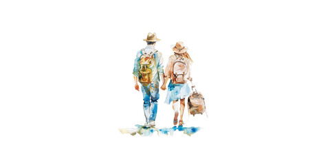 Obraz premium watercolor, couple holding hands and wearing backpacks with luggage on white background