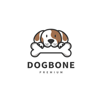 cute dog illustration with bone biting logo design