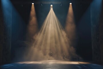 A stage with dramatic spotlights and billowing smoke. Perfect for concert or theater concepts