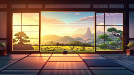 The Japanese dojo is a traditional room for following martial arts and meditation. Modern cartoon interior with bonsai trees, mats, and a landscape of green terraced fields and sunset sky behind the