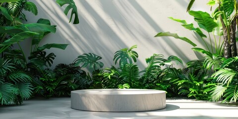 Podium in tropical forest for product presentation and wall.