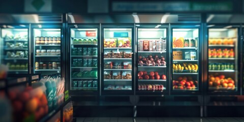 Refrigerated foods in Supermarket shelves with variety of food, fruits and beverages.