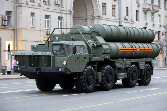 Moscow, Russia - May 2, 2024: Russian S-400 Triumph anti-aircraft missile system on Tverskaya street during a rehearsal of the Victory parade