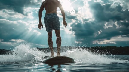 A man standing on a surfboard in the water, perfect for outdoor sports and lifestyle concepts