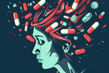 Woman balancing pills on her head, suitable for medical concepts