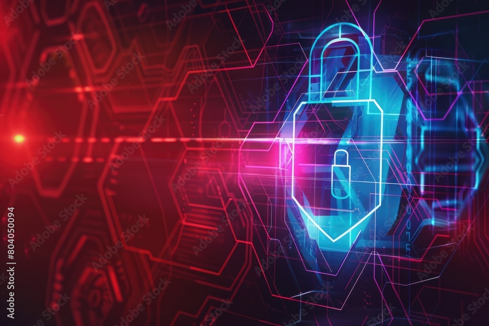 Poster a lock on a digital background with red and blue lights. ideal for cybersecurity concepts