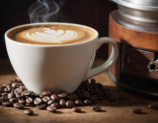Fototapeta premium La tazzina di caffè è un rifugio dalla frenesia del mattino, circondata dai suoi fedeli protettori: i chicchi di caffè.
