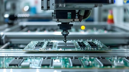Machine Pick Place assembles silicon parts onto base substrate for computer chips. Concept Assembly Line, Electronics Manufacturing, Precision Machinery, Silicon Components, Computer Chip Production