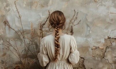 Woman holding braid and standing near wall