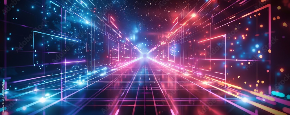 Poster geometric shapes and structures in colorful neon colors and lights in cyberspace against dark backgr