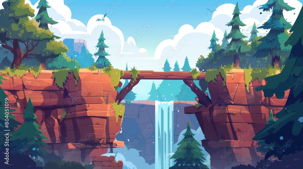Poster 2d landscape with waterfall and trees on a parallax background with log bridge. modern illustration 