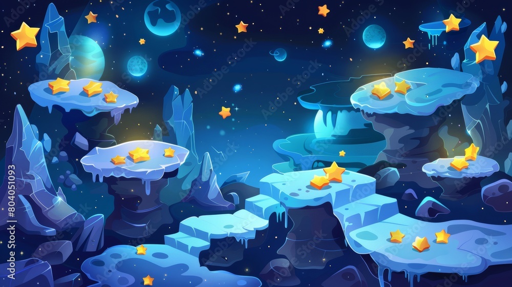 Poster this is a modern parallax background for 2d game animations with cartoon illustration of the cosmos 