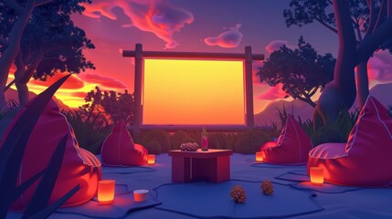 Animated cartoon illustration of open air cinema at dusk surrounded by beanbag chairs, beer tubs, and popcorn buckets in a summer landscape with a large outdoor screen