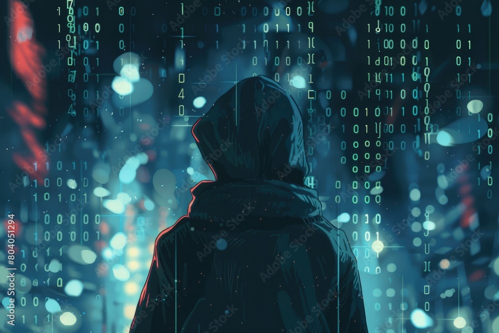 Poster a person standing in front of a computer screen, suitable for technology concepts