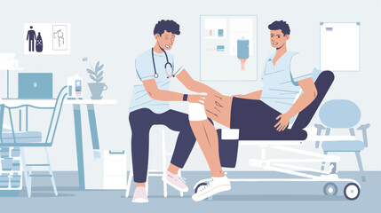 Physiotherapist applying tape onto mans knee in clinic