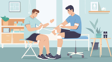 Physiotherapist applying tape onto mans knee in clinic