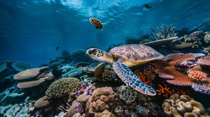 Fototapeta na wymiar Graceful Sea Turtle Swimming Among Vibrant Coral Reefs