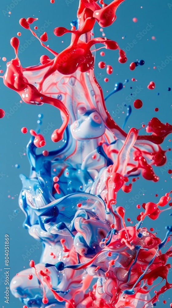 Aufkleber mix of red white blue color paints with blended drops on fluid while forming abstract patterns again