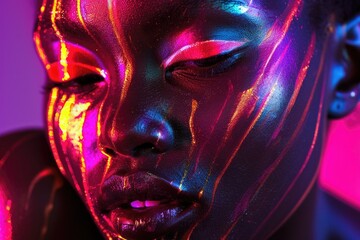 Close up of a woman's face with neon paint, perfect for artistic and beauty concepts