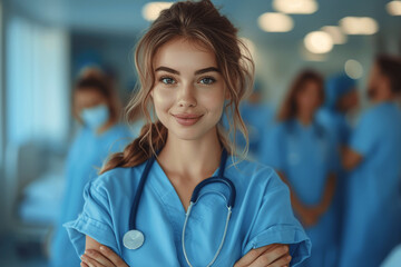 Fototapeta premium Confident Young Female Nurse With Team in Hospital Setting