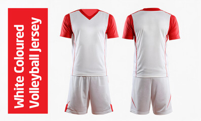 Three-dimensional white coloured, red lined volleyball jersey side by side, front and back, top and bottom mockup image.