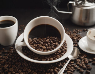 Fototapeta premium La tazzina di caffè è il centro del rituale mattutino, circondata dai suoi devoti seguaci: i chicchi di caffè.