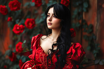 A woman with red lipstick in a red dress is surrounded by red roses