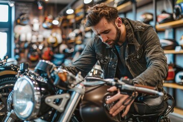 A man working on a motorcycle in a shop. Ideal for automotive repair shop concepts