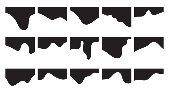 Website border and header set with drops, waves, organic and geometric shapes in black colour. Isolated vector template for website, app, poster, banner. On white background in eps 10.