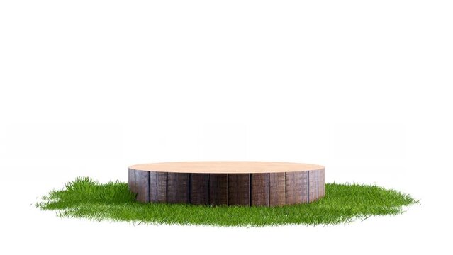 Wood round exhibition stand, podium or pedestal surface patch covered with green grass rotated on white background. Realistic natural element for presentation design. Bright 3d animation.