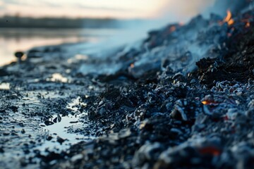 This evocative image captures the smoldering ashes along a tranquil lakeside as dusk settles. Flames flicker among the charred debris, reflecting on water's edge.