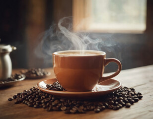 Obraz premium La tazzina di caffè è un'isola di tranquillità, circondata dai suoi fedeli compagni di avventura: i chicchi di caffè.