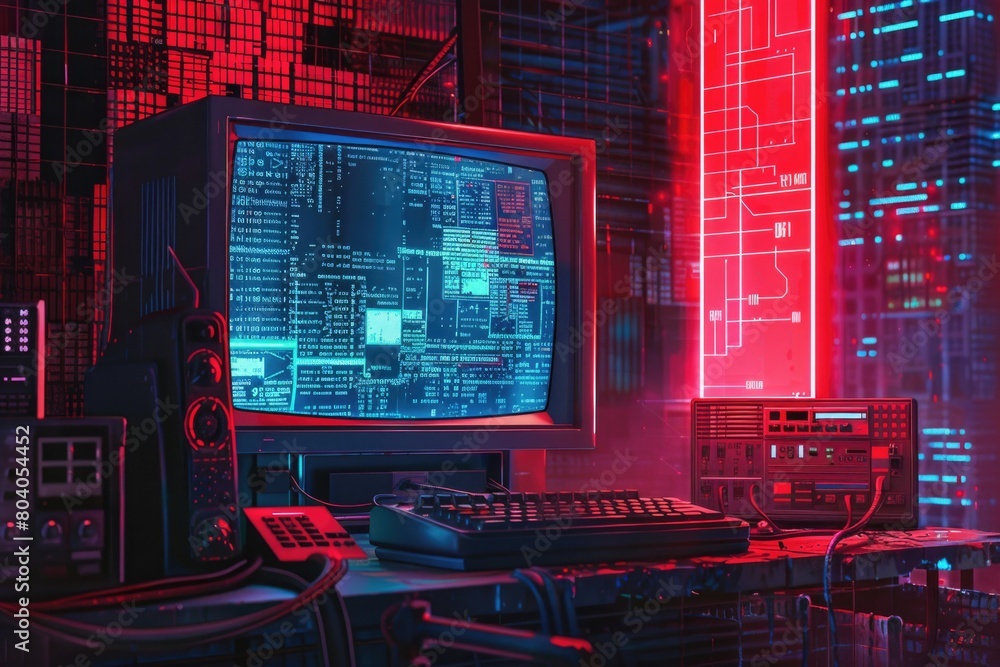 Poster a computer monitor on a desk with a keyboard, suitable for office or technology concepts