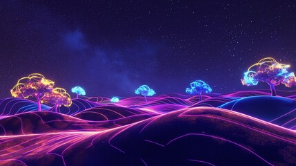 A digital landscape of rolling, neon-lit hills under a starry sky, with glowing, geometric trees dotting the horizon.