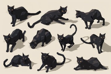 Collection of low polygonal black cat illustrations. Ideal for Halloween designs
