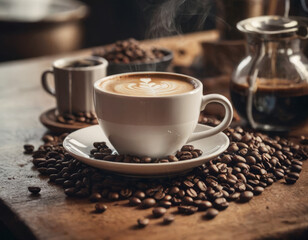 Obraz premium Un'ode al mattino: la tazzina di caffè e i suoi chicchi si abbracciano in un rituale di rinascita e vigore.