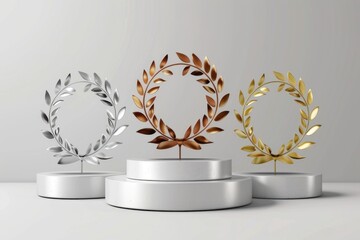 Three awards displayed on a table, suitable for recognition and achievement concepts