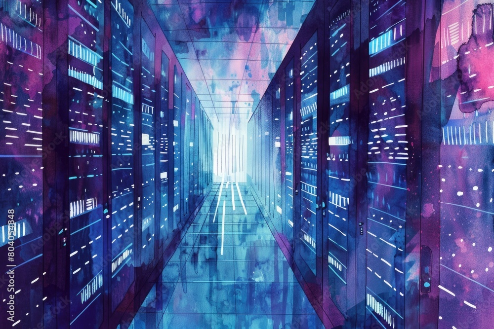 Aufkleber a painting of a long hallway filled with rows of servers. suitable for technology and data center co