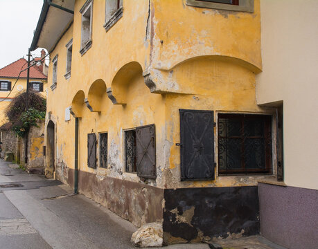 Rojstna Hisa Frana Jesenko on Kopaliska Ulica street in Skofja Loka, Gorenjska, Slovenia. It was the birthplace of botanist and geneticist Fran Jesenko. It has jettying with arch support