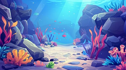 Modern cartoon illustration of sea bottom landscape with corals, seaweed and tropical animals and plants. Underwater scene of coral and seaweed.