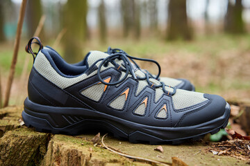 Hiking Boots in Nature. Sturdy trekking shoes against a backdrop of forest terrain. Concept of...