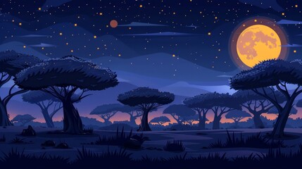 Night landscape with acacia trees. Modern cartoon illustration of an African savanna with the full moon and stars.