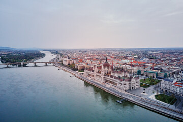 Panoramic view on skyline of Budapest along Danube River. Aerial view of capital of Hungary with historical buildings and famous landmarks