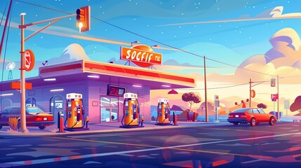 Fuel station banner. Modern illustration of all day and night open fuel filling station. Illustration of man driving a car and filling up at an oil pump in a city street. - obrazy, fototapety, plakaty