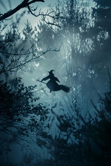 silhouette of a witch in a hat flying on a broom in a dark scary forest, halloween concept