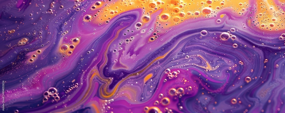 Poster purple and yellow soap bubbles in paint create an abstract design suitable for a colorful background