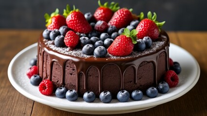  Deliciously decadent chocolate cake adorned with fresh berries and a dusting of powdered sugar