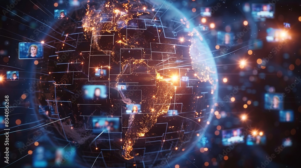 Poster illustration of a digital globe surrounded by dynamic networks and data points representing global c