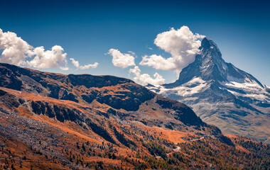 Gorgeous autumn view of Matterhorn peak. Spectacular morning scene of Swiss Alps, Zermatt location,...