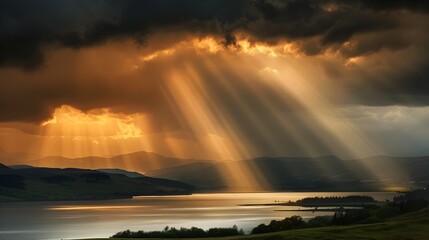 Dramatic Sunlight Beams Bursting Through Stormy Clouds Over Serene Mountain Lake Landscape